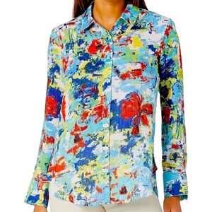 Multiples Women’s S Artsy Vibrant Watercolor Relaxed Loose Fit Button Up Shirt